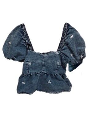 Denim Puff Sleeve Embroidered Blouse